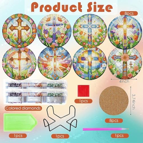 8 Pcs Christ Cross Diamond Art Coasters Kits 4x4 inch (Cork Wooden Pad)