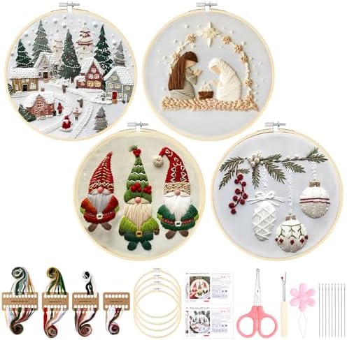 Christmas Embroidery Kit for Adults and Beginners, Christmas Gnomes Embroidery Kits Cross Stitch Kits with Pattern, Cotton, Threads, Needles & Instruction (4Pcs C)