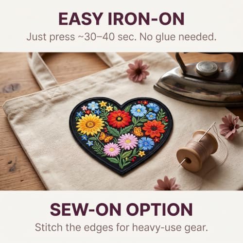Heart Flower Patches for Clothes 3 inch - Iron On Heart Patches for Backpacks Gift, DIY Applique Accessories, Trucker Hats - Wildflower Applique Embroidery Patch