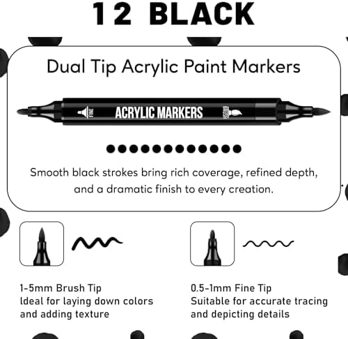 Pagather Black Acrylic Paint Markers, 12 Dual Tip with Fine Tip and Brush Tip Pens for Fabric, Stone, Wood, Canvas, Ceramic, Metal, Glass, Rock Painting, DIY Crafts