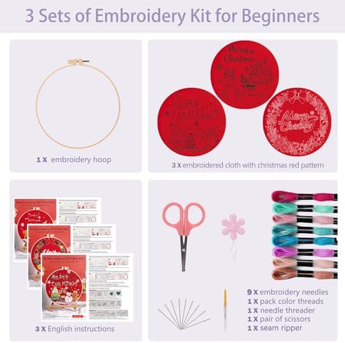 Offizon 3 Sets Embroidery Kit for Beginners Adult DIY Cross Stitches