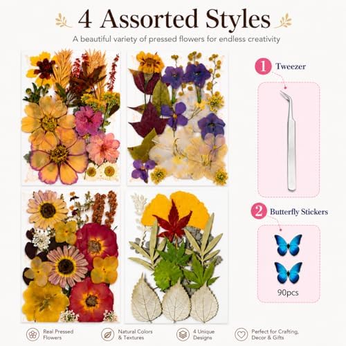 163 pcs Dried Flowers for Resin, Natural Flowers and Leaves Kit with Butterfly Stickers， Vacuum Sealed DIY Pressed Flowers for Jewelry Molds, Candle Soap Making, Scrapbook, Nail Art (Colorful-F)