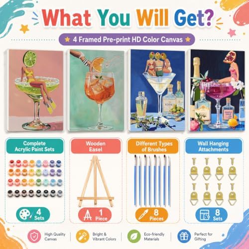 4 Pack Cocktail Paint by Numbers Kit for Adults Framed with Easel 8x12 in