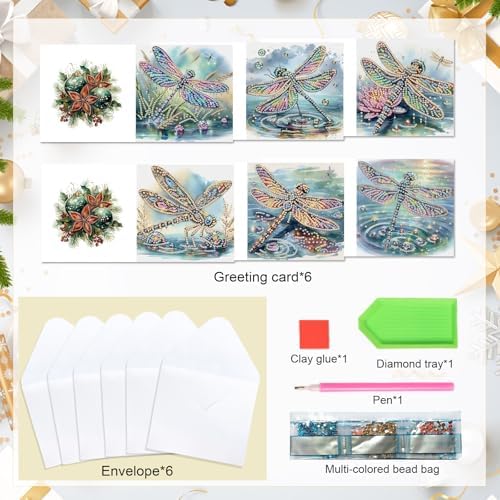 6 Pcs 5D Diamond Painting Greeting Cards Kits Dragonfly, Handmade Festival Greeting Cards with Envelopes DIY Diamond Art Crafts Birthday Cards Shimmer Design for Birthdays Holidays (30x15cm)