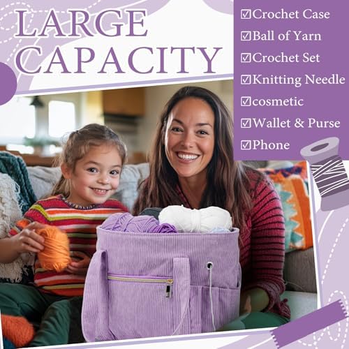 Bulyoou 2 Pcs Crochet Tote and Yarn Bag Set Corduroy Yarn Holder,Purple