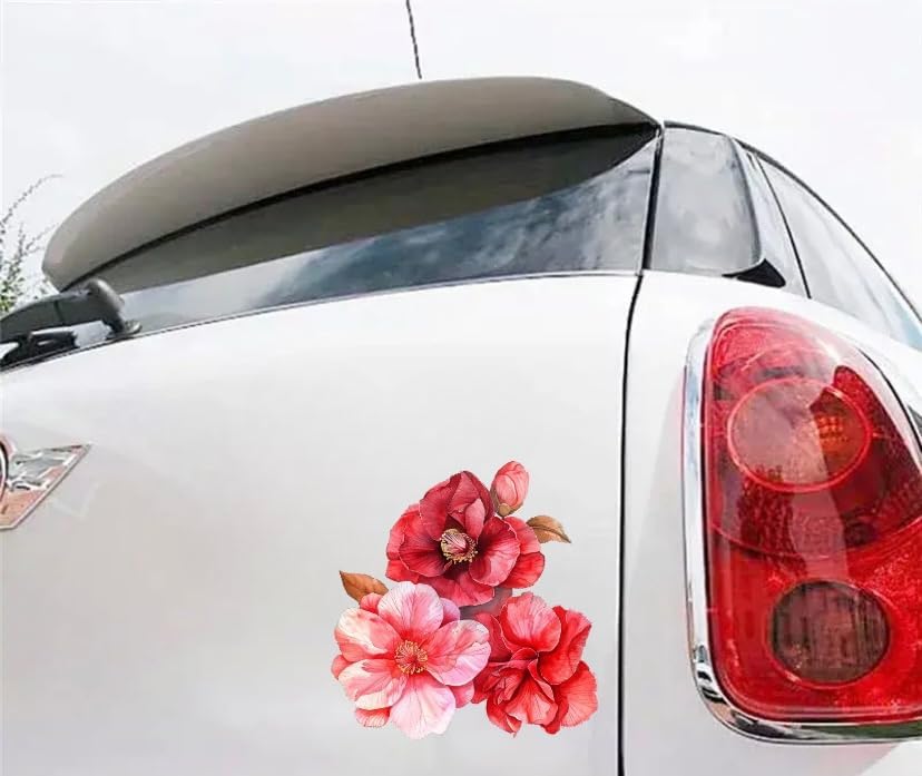 Watercolor Red Camelia Flower Decals for Cars, Floral Bumper Sticker, Vehicle Decor Sticker, Beautiful Camelia Flower Sticker for Hard Case, Waterbottle, Notebook, Window, Mirror (Red)