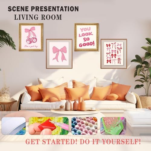 XUNLURY Pink Preppy Girly Diamond Art Kits 4 Pcs, Coquette Bow Cherry Lucky 8 Ball Diamond Painting Kits for Adults Girls Beginners, Full Drill Diamonds Dots for Home Decor, 9.8x11.8 Inch