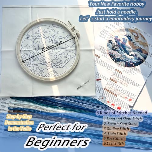 FONNUY Embroidery Kit for Beginners, Stormy Sea Wave Flowers Pre-Stamped Pattern Kits for Adults with Hoop, Easy to Follow Color Thread Needlework, 8'' Hoop (White)