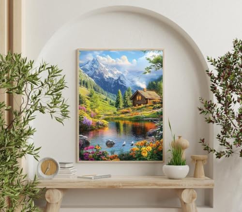 Accompany Wind Mountain Diamond Art Kits for Adults, 5D Mountain Cabin Landscape Diamond Painting Kits for Beginners,DIY Round Full Drill Diamonds Gem Art Crafts for Home Wall Decor Gifts 12x16 Inch