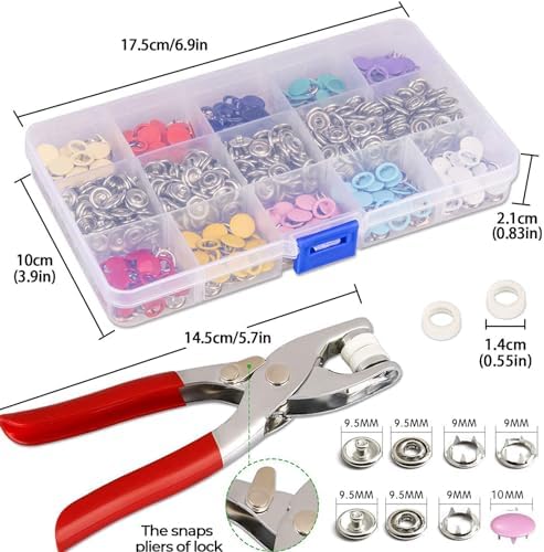 Minestylish 200 Sets Metal Snaps Buttons with Fastener Pliers Press Tool Kit Perfect for DIY Crafts Clothes Hats and Sewing, Snap Button Fasteners Kit for Clothing(Colorful / 800 PCS)