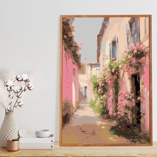 Paint by Numbers for Adults and Kids Beginner, Pink Flowers and pastoral Painting by Number On Canvas, Number Artist Paint by Number Kit DIY Oil Painting Acrylic Paints, Home Wall Decor Gift 12X16in