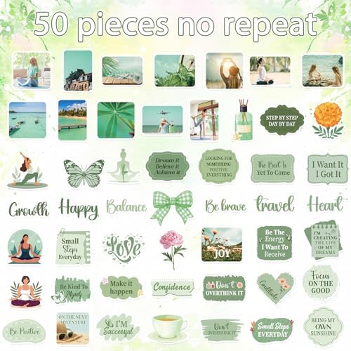 50 Pcs Vision Board Stickers for Women, Positive Affirmation Stickers for Vision Board Supplies Kit, Inspirational Quote Journey Decal Sticker for Adults Teens Planner Accessories (Green)
