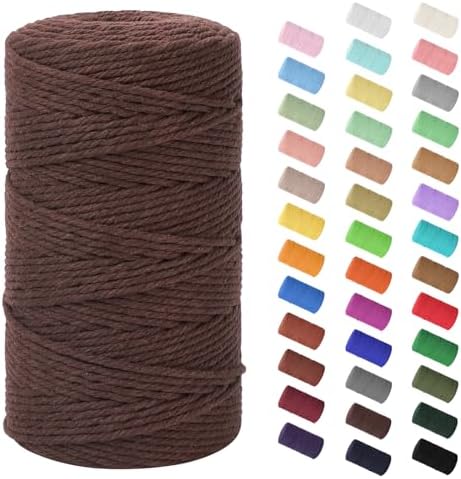 Macrame Cord 3mm x 220Yards (656Feet), Natural Cotton Macrame Rope - 4 Strands Twisted Macrame Cotton Cord for Wall Hanging, Plant Hangers, Crafts, Gift Wrapping and Wedding Decorations, Coffee