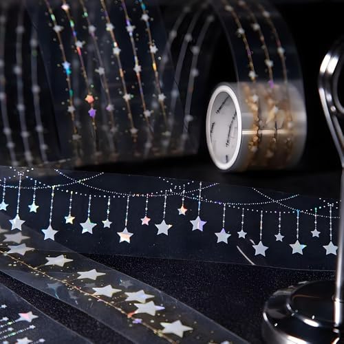 6Pcs Star Washi Tape Set Pet Washi Tape Stickers Decorative Tape Washy Tape Decorative Masking Tape Vintage Wide Washi Tapes for Journaling Scrapbooking DIY Crafts Supplies Stationery