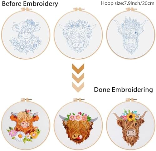 Louise Maelys 3 Pack Highland Cow Embroidery Kit for Beginners Floral Art