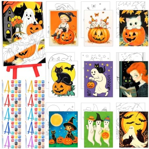 Blosssound 10 Set Halloween Pre Printed Canvas for Painting 5x7, Vintage