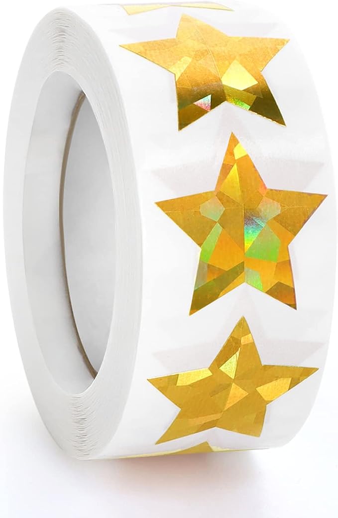 Imeepa 500PCS Holographic Gold Star Stickers, 1" Sparkly Lables for Kids