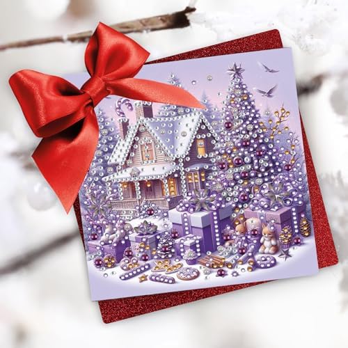 6Pcs Christmas Greeting Card DIY Diamond Art Painting Greeting Cards Blessing Folding Card Kit with White Envelopes Diamond Arts Crafts for Birthday Festival Gift-Purple