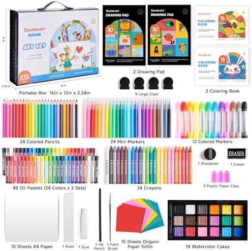 Shuttle Art 335 Piece Kids Art Set, Multi-Media Art Supplies, Gift Art Kit with Trifold Easel, 2 Drawing Pads, 2 Coloring Books, Oil Pastels, Crayons, Watercolors, Markers, Colored Pencils (Black)