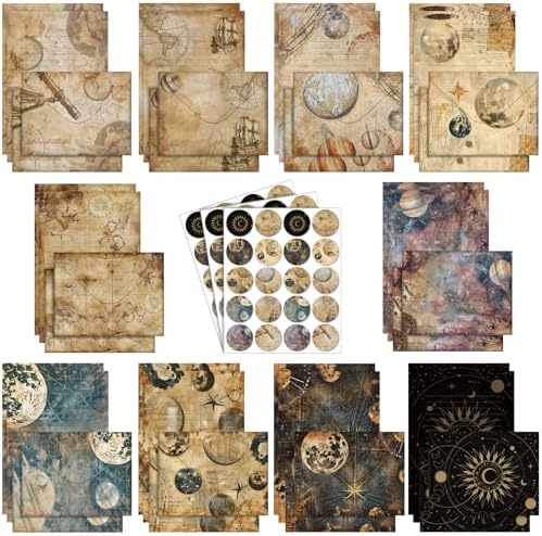 TaoBary 160 Pcs Space Spoon Stationery Paper and Envelopes Set 50 Double Sided Lined Stationery Paper with 50 Matching Envelopes and 60 Round Dot Sticker 5.5 x 8.25'' Letter Writing Kit, 10design