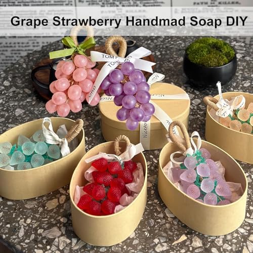 3D Strawberry Grapes Soap Mold, 3 Pcs Grape Strawberry Soap Making Silicone Molds with 5Pcs Jute Ropes 3 Pcs Leaf Cutters for Soap DIY Gift