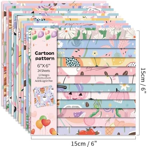 6x6" Cardstock Single Sided Scrapbooking,Craft Decorative Scrap Book Paper | 160gsm,24-Sheet 12Patterns Colored Paper,Junk Journal Supplies,Vivid Origami Papers DIY Craft Gift Wrapping Album.Cartoon