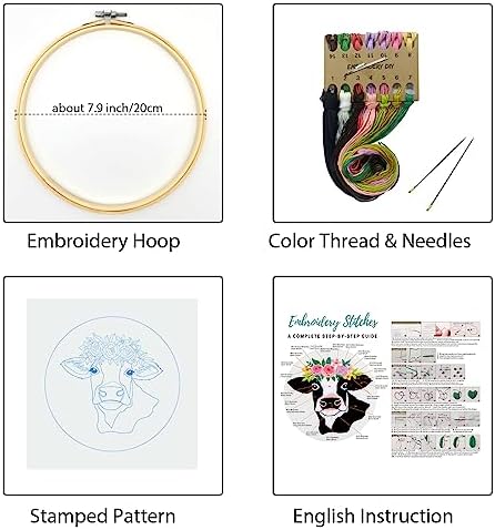 Louise Maelys Cow Beginners Embroidery Kits,Cross Stitch Starter kit for Adults with Embroidery Cloth Hoop Needles Instruction and Threads