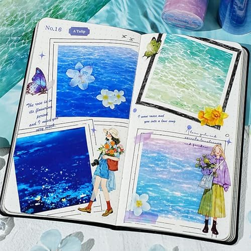 6 Rolls PET Tape for Scrapbooking Water Wave Tape Journaling Stickers Water Ripple Landscape Transparent Scrapbook Washi Tape Aesthetic Set Seaside Beach Planner Junk Journal Decorative PET Tapes