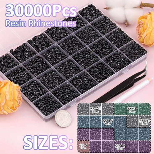 30000Pcs Black Rhinestones for Bedazzling with B7000 Jewelry Glue, Bedazzler Kit Bulk Flatback Gems, Resin Rhinestones for Crafting Crafts Clothing Shoes Fabric Nail Art Assorted Size 2/3/4/5/6mm