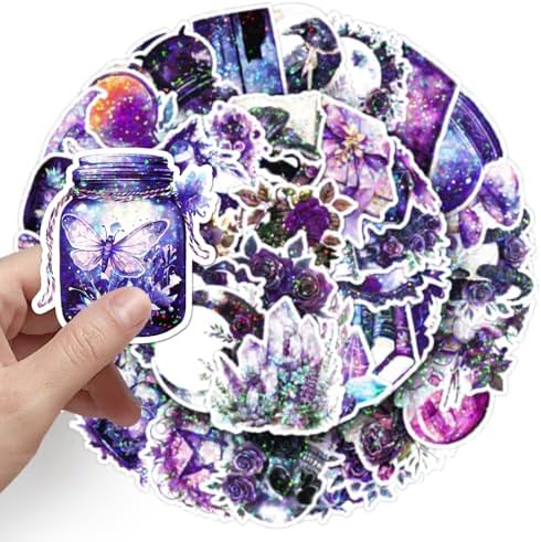 50PCS Holographic Gothic Stickers - Purple Witch & Cat Vinyl Decals for Journal, Laptop, Phone Case, Scrapbooking Supplies, Gothic Aesthetic for Teens & Adults
