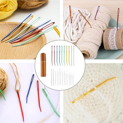 24pcs Large Eye Sewing Needles Kit, Stainless Steel Blunt Darning Needles & Bent Tapestry Needles & Sharp Hand Knitting Needles with Wooden Case,Perfect for Crochet/Darning/Yarn/Embroidery Projects