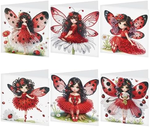 LazyFold 6 Pcs Diamond Art Painting Greeting Cards Kits, Red Fairy Handmade Festival Greeting Cards with Envelopes Diamond Art Crafts Birthday Cards Creative Gift
