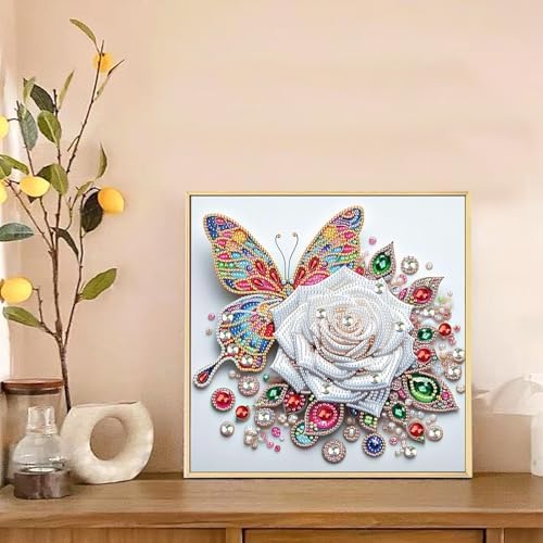 5D Special Shape Diamond Art Kits for Beginners, Diamond Painting Kits for Adults, Crystal Rhinestones Diamond Painting for Home Wall Decoration Gift 12×12 inch/30×30 cm, Butterfly and White Rose
