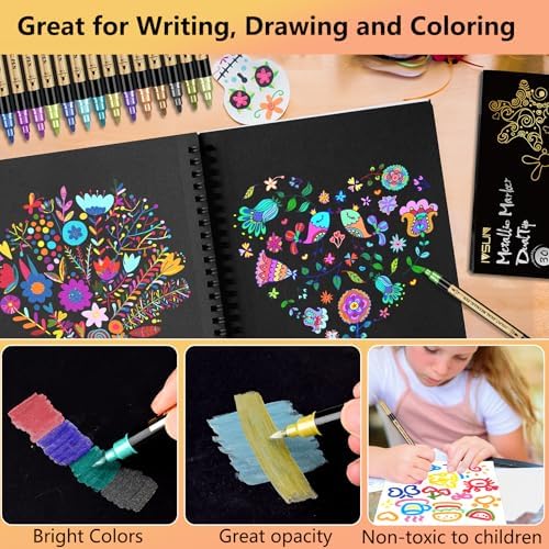 12 Colors Dual Tip Metallic Acrylic Paint Marker pens with Brush & Fine | Paint Marker for Black Paper, Scrapbooking, Photo Album, Rock, Wood, Card Making, DIY Arts & Crafts, Scrapbook Supplies