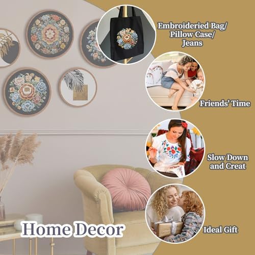 FONNUY Floral Embroidery Kit, Cross Stitch Kits for Beginners, Handmade Crafts with Printed Patterns for Beginner Adults, Easy to Follow Color Thread Needlework, 8'' Hoop (Full Bloom)