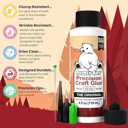 Bearly Art Precision Craft Glue Original 4 fl oz with Tip Kit Archival | Acid Neutral Archival Safe, Dries Clear, Freeze stable, Wrinkle & Crack Resistant, Strong Flexible Hold Formula, Made in USA