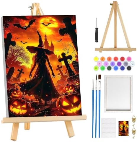 MOGTAA Halloween Paint by Numbers Kit for Adults Beginners with Frame, Witch Adult Paint by Number Kits on Canvas with Easel, Easy DIY Pumpkin Oil Painting Kits for Home Decor, 8x12in