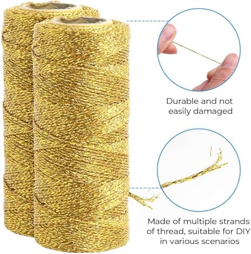 Gold String Twine 658 Feet 1.5mm for Ornaments Christmas String Twine for Gift Wrapping Inelastic Glitter Gold Cording for Crafts Thread Wedding DIY Decoration
