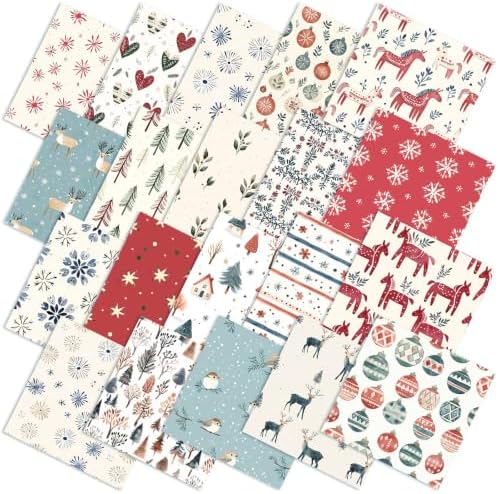HunnmingRe 20 Pcs 10''x10'' Nordic Christmas Quilting Fabric Square Hygge Christmas Precuts Quilted Fabric Bundle Reindeer Dala Horse Snowflake Printed Sewing Material for Winter Patchwork DIY Craft