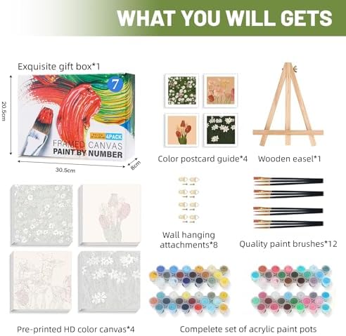 4 Pack Framed Paint by Numbers Kit for Adults Beginner with Wooden Easel, Vintage Flowers Easy Paint by Numbers with Frame, DIY Floral Number Painting for Adults Canvas for Home Decor Gift 10x10 Inch