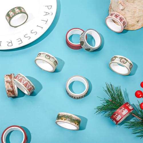 Whaline 12 Rolls Christmas Vintage Washi Tape Santa Claus Snowman Xmas Tree Bell Washi Tape Masking Decorative Party Gift Paper Tape for DIY Craft Scrapbook Decor Party Favor Supplies