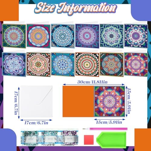 Saillong 12 Pack Mandala Diamond Painting Greeting Card Kits DIY Diamond Art Cards with Envelopes Flower 5D Rhinestones Painting Kits for Adults DIY Crafts Family Friend Birthday Gifts