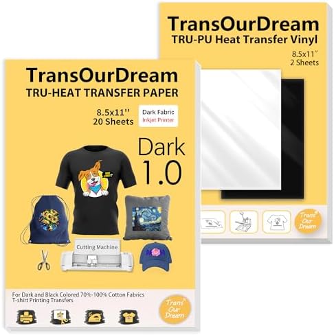 TransOurDream Tru-Iron on Heat Transfer Paper for Dark Fabric (20+2 Sheets, 8.5x11") Printable Iron on Transfers Paper for Inkjet Printer & Heat Transfer Vinyl for T Shirts
