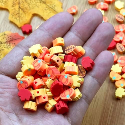 Polymer Clay Fall Pumpkin Maple Loose Spacer Beads, 10mm Thanksgiving Autumn Maple Leaves Pumpkin Beads Charms for DIY Hair Clip Necklace Bracelet Jewelry Earring Handmade Craft Making