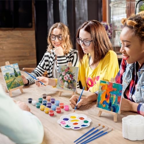 Qilery 36 Set 4 x 4 Inch Mini Canvas Boards with Easel Painting Kit, Acrylic Paints Strips, Brushes, Palette, Oil Art Set for Acrylic Birthday Party Favors