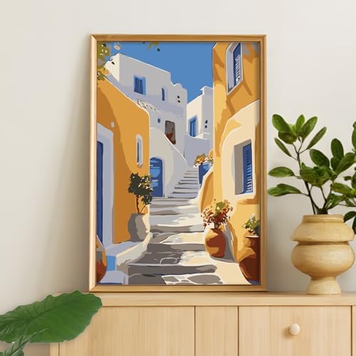Camocin Framed Paint by Numbers Kit for Adults Beginner - Santorini Street Paint by Number Canvas with Frame, DIY Coastal Landscape Acrylic Painting Kit for Stress Relief Home Wall Decor 8x12 Inch