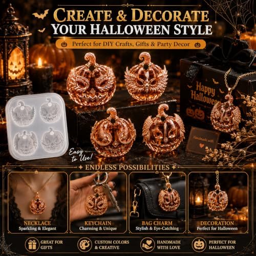Gothic Wing Jack O Lantern Silicone Resin Mold with Pre-Made Hanging Hole, 4 Cavity Faceted Pumpkin Pendant Epoxy Mold, DIY Jewelry Charm Casting Supplies for Halloween & Christmas Crafts (NG01)