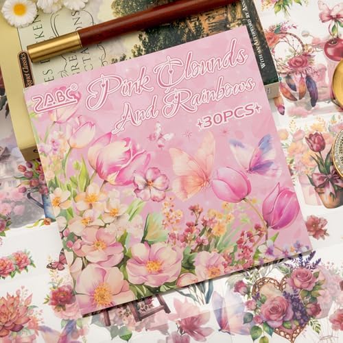 Rose Garden Series Sticker Scrapbooking Supplies for Junk Journal, 30 Sheets PET Stickers - Vintage Journaling Stickers, Ephemera Sticker Book Pre Cut(TZ-005-001)