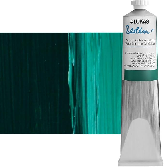 Lukas Berlin Pro Artists Water Mixable Oil Paint 200 ml Tube Viridian Hue, Water Soluble, Lightfast Pigments, Quick Drying, Easy Clean-Up, Eco-Friendly, Professional Quality, 40 Color Range