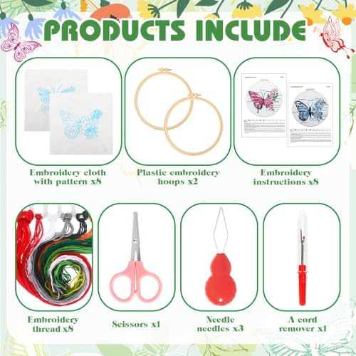 Riceshoot 8 Set Butterfly Floral Embroidery Kit for Beginner Adults Butterfly Embroidery Cross Stitch DIY Craft Needlepoint Pack Kits with Pattern Instruction Cloth Hoops Thread Needle Scissors